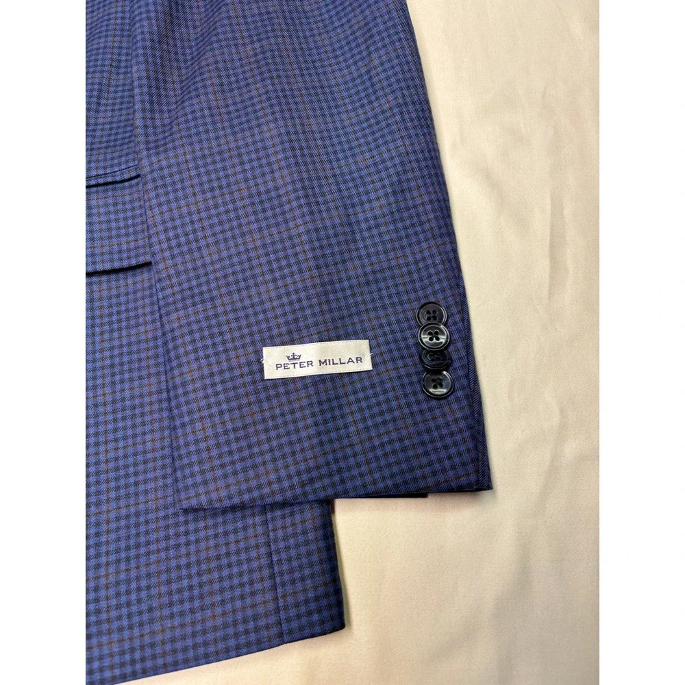 NWT Peter Millar SB Flynn Blue Micro Check 100% Wool Blazer Coat Mens 44S $595
